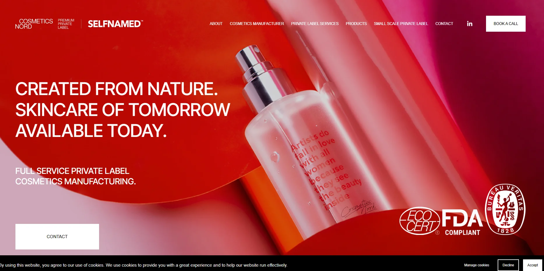 Skincare advertisement featuring a bottle and text promoting natural cosmetics manufacturing. Includes logos for certifications.